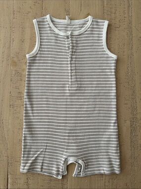 Quincy Mae Organic Cotton Ribbed Henley Romper, Tan & White Stripe, 18-24M